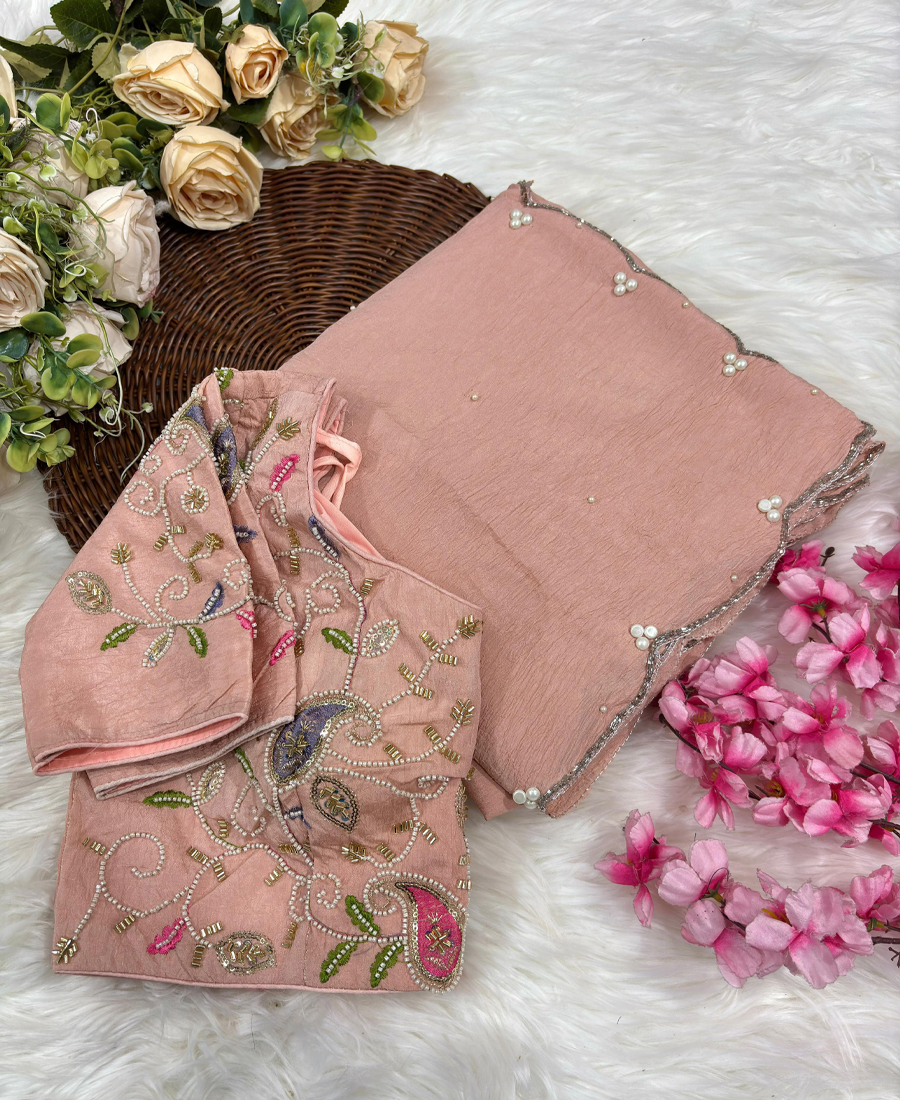 Beautiful Peach Crunchy Silk Saree For W...