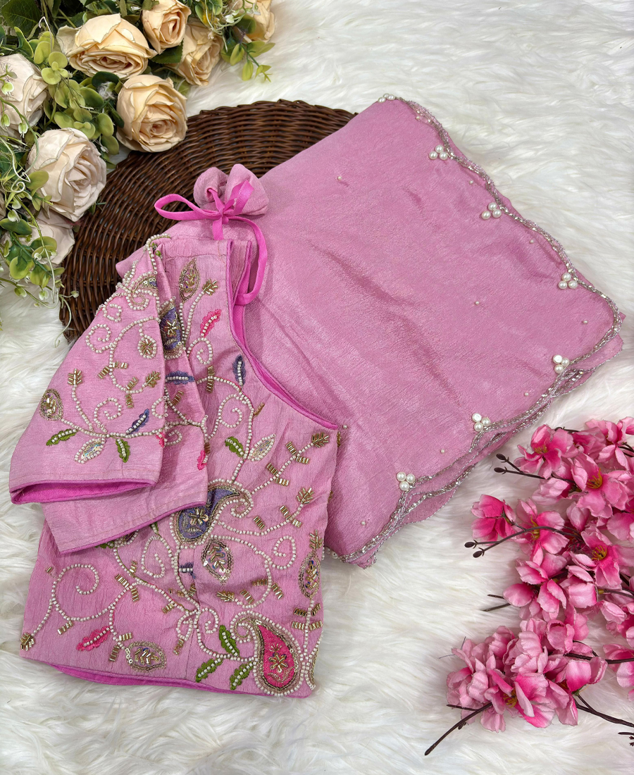 Beautiful Pink Crunchy Silk Saree For Wo...