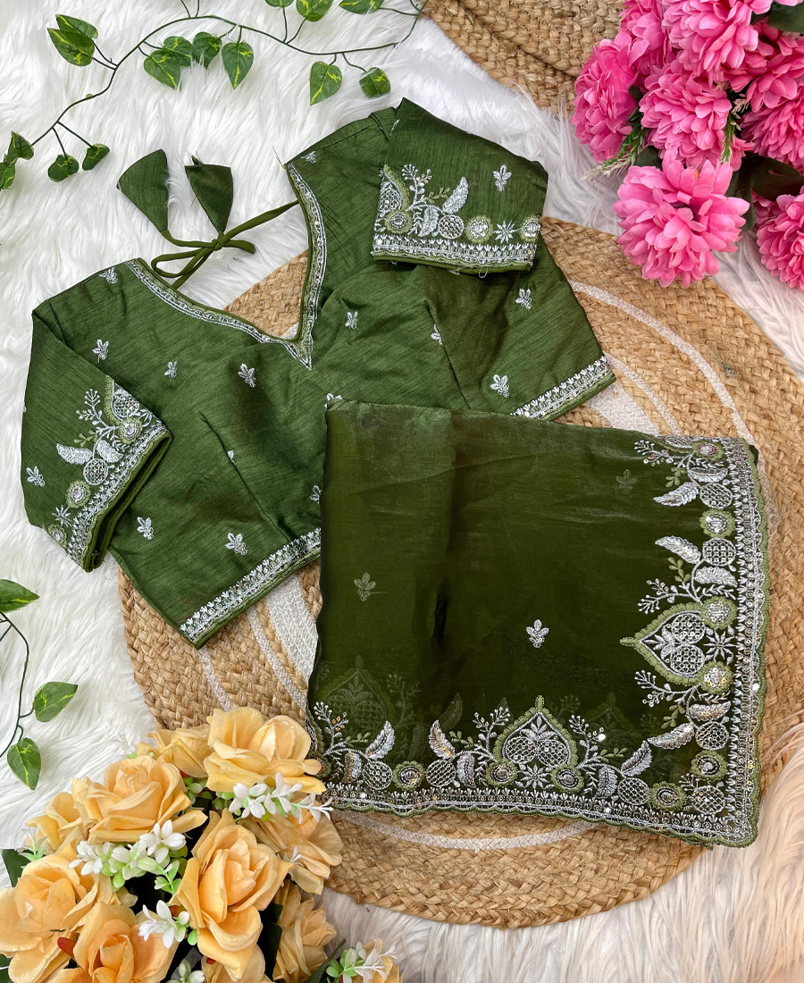 Traditional Green Satin Silk Embroidery...