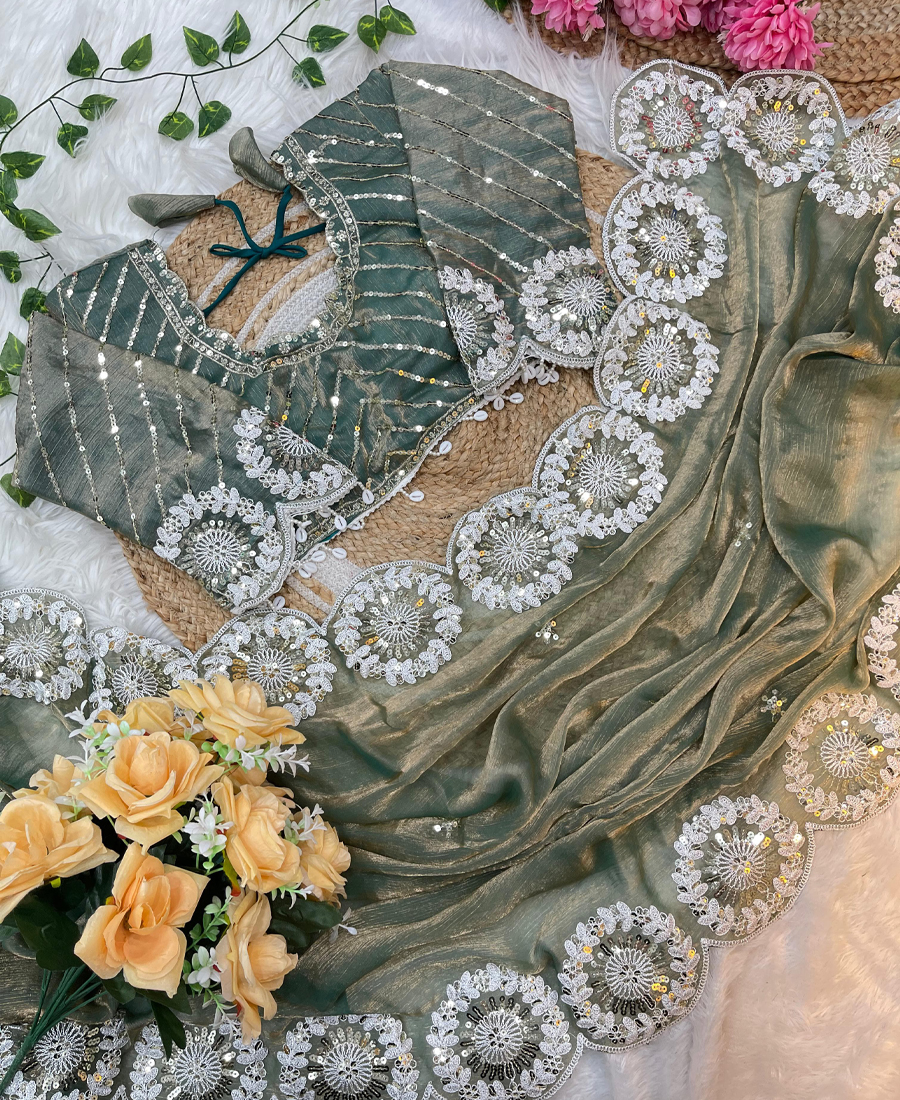 Bollywood Look Green Chiffon Silk Embroi...