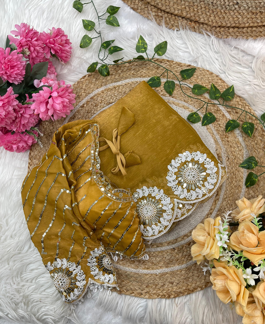 Bollywood Look Yellow Chiffon Silk Embro...