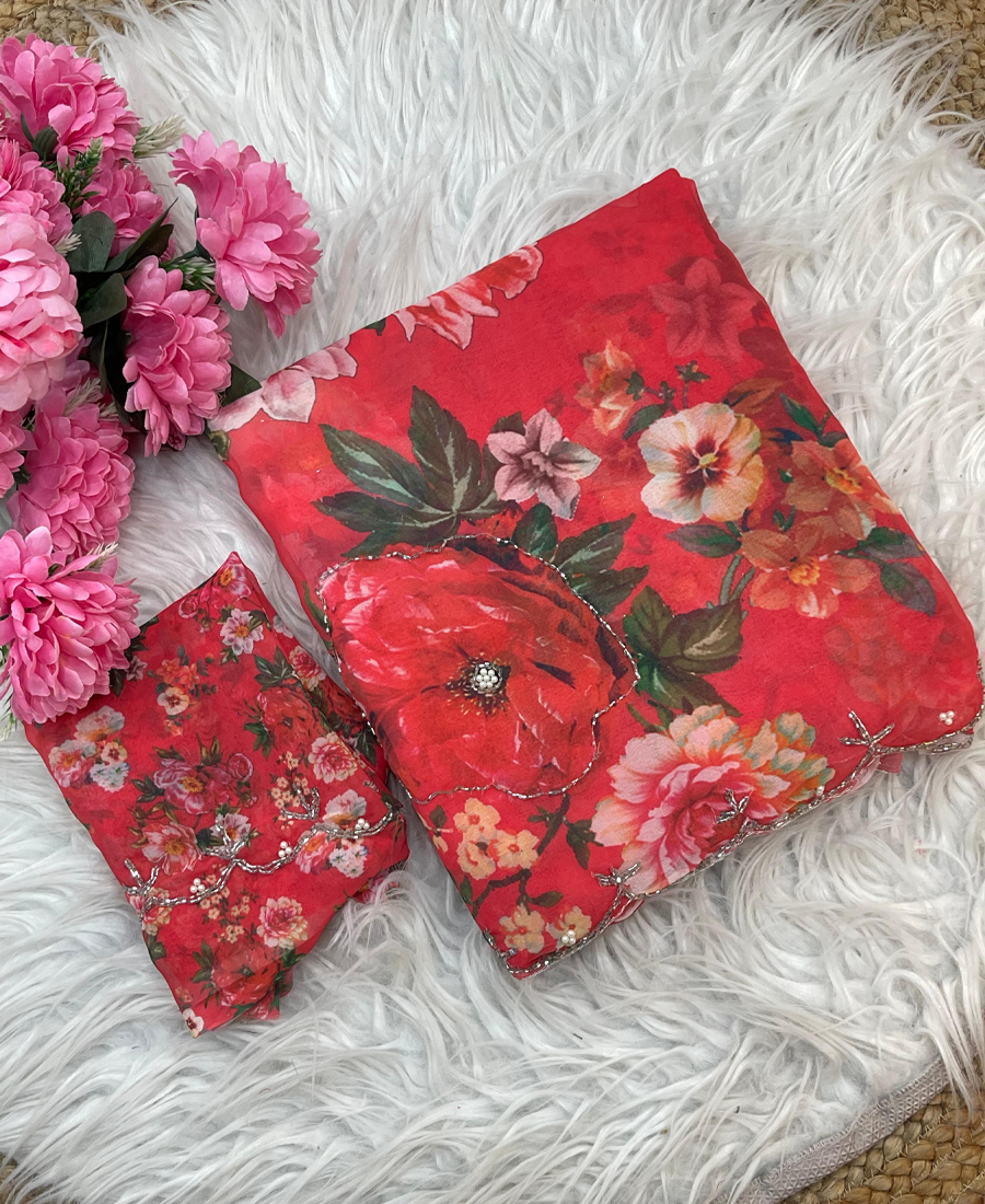 Beautiful Red Floral Printed Georgette S...