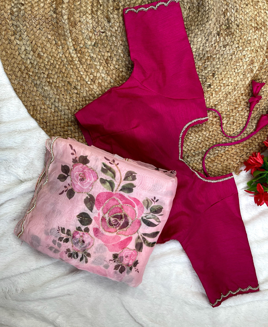 Hand Worked Floral Printed Organza Silk...