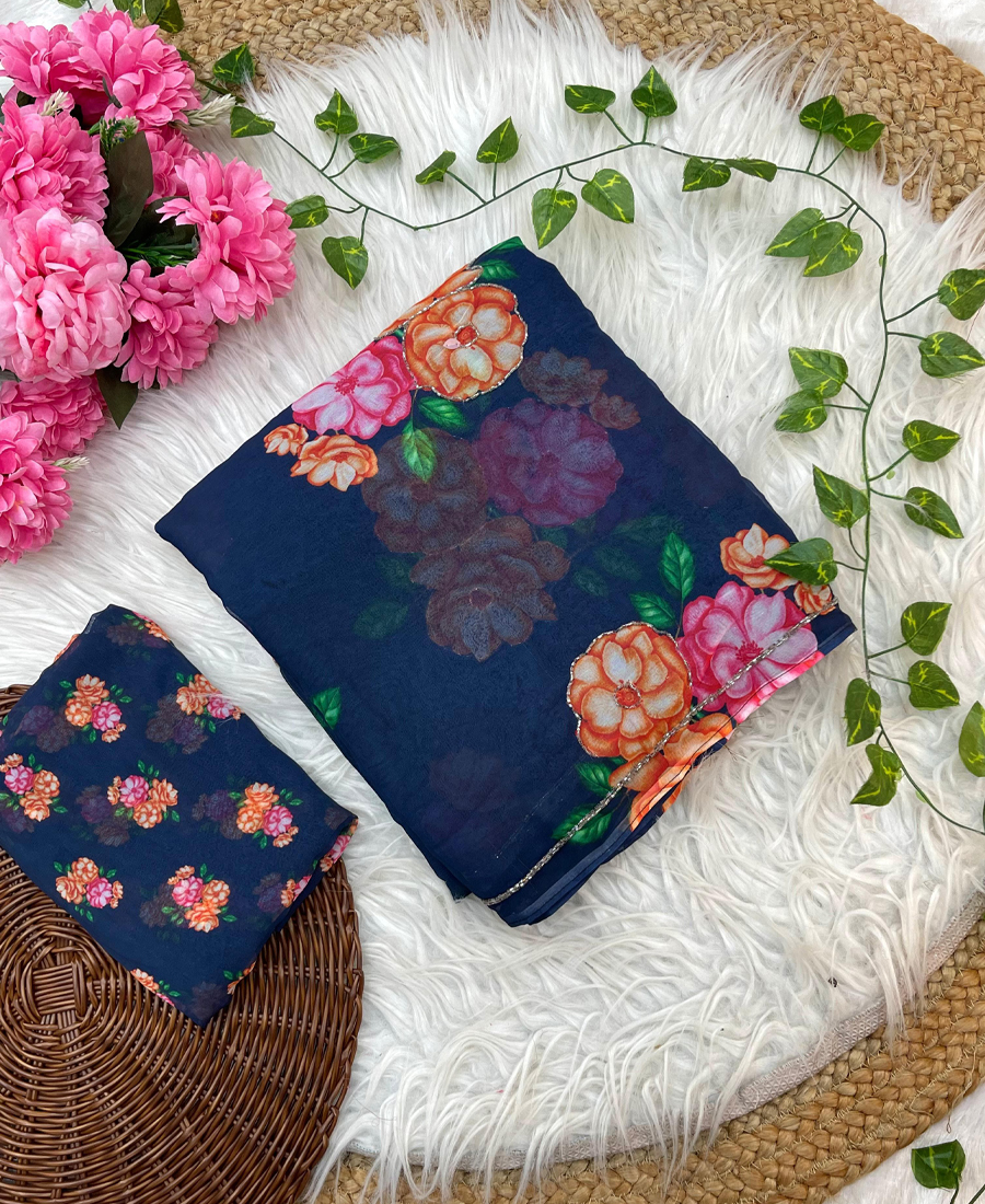 Fancy Blue Floral Printed Georgette Sare...