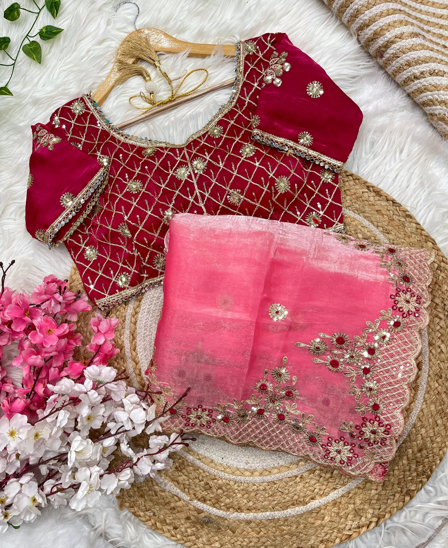New Satin Silk Pink Heavy Embroidery Sar...