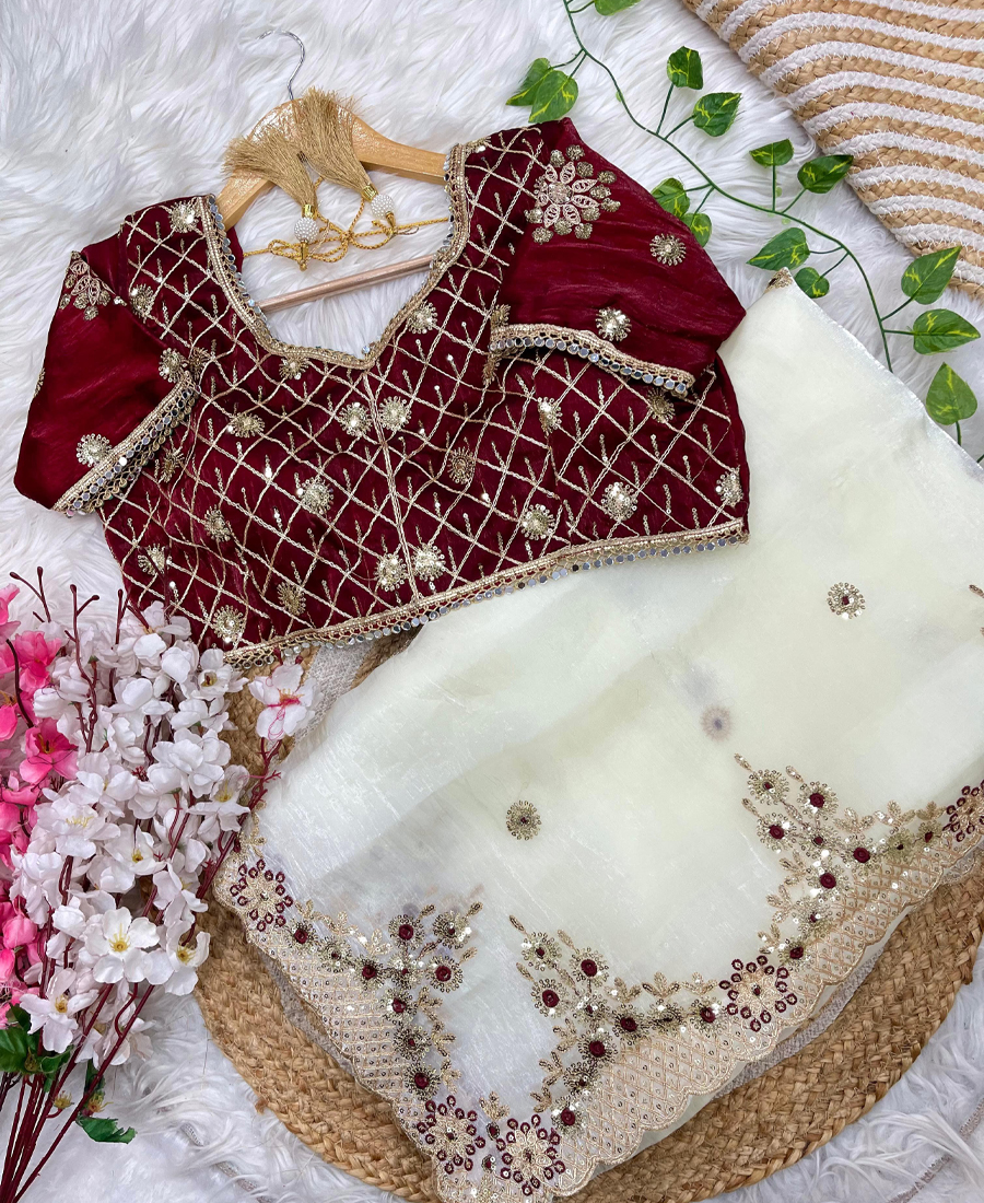 New Satin Silk White Heavy Embroidery Sa...