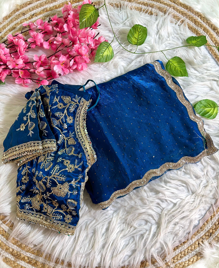 Blue Satin Silk Saree With Fancy Diamond...