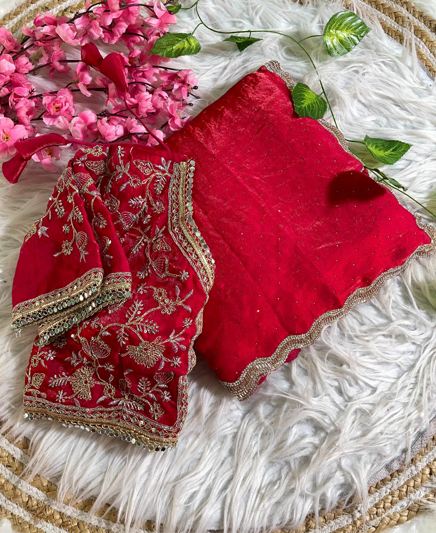 Red Satin Silk Saree With Fancy Diamond...