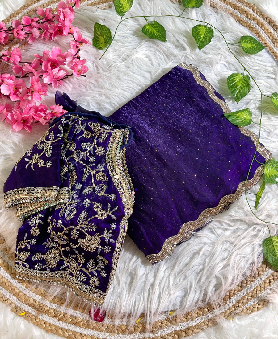 Purple Satin Silk Saree With Fancy Diamo...