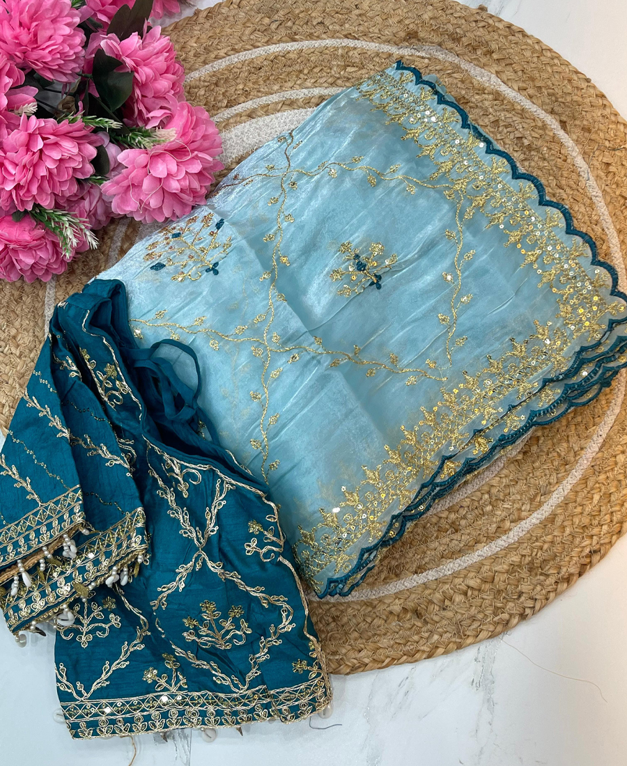 Pure Jimmi Choo Silk Sky Blue Heavy Embr...