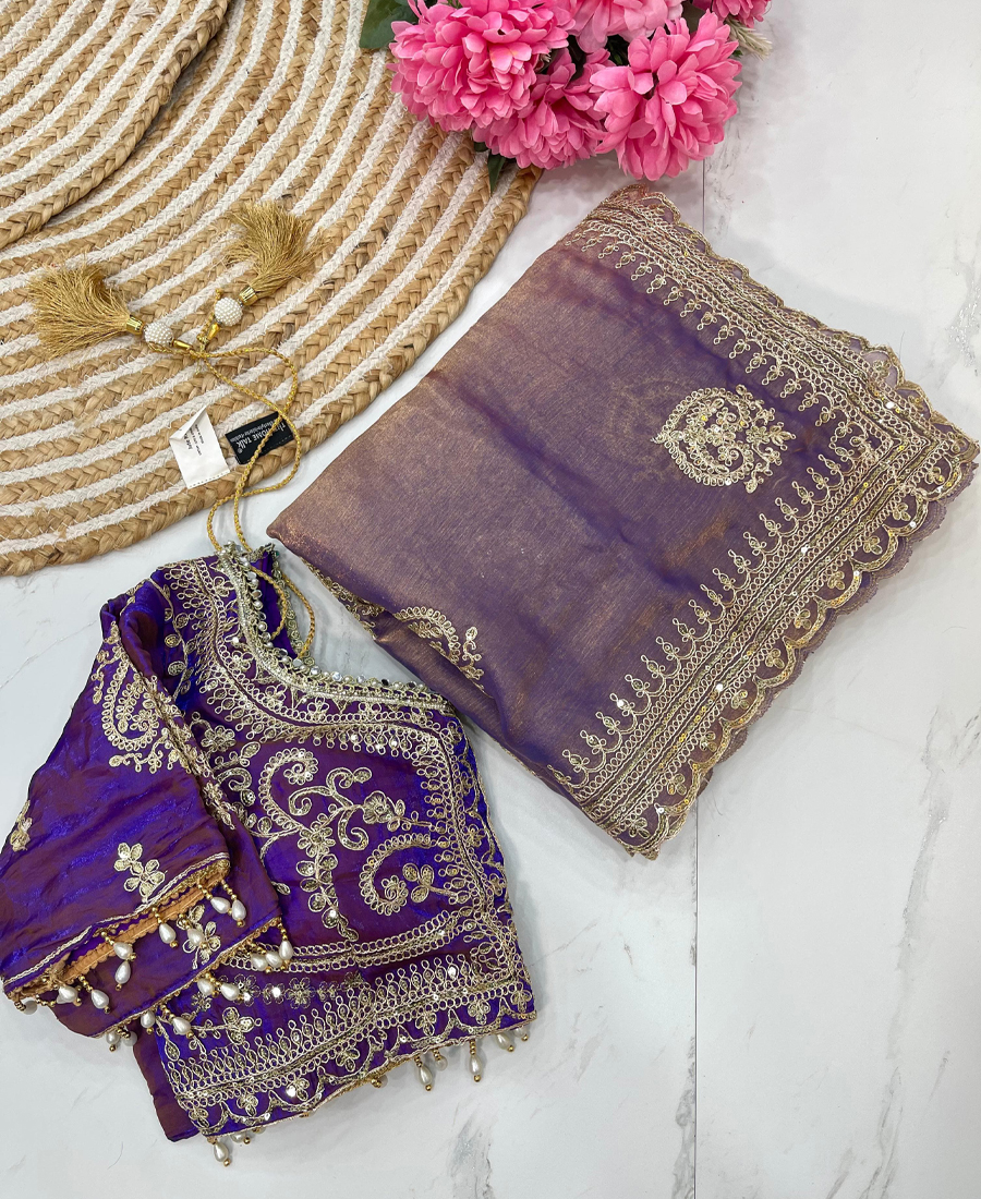 Ton To Ton Blue Chiffon Silk Heavy Embro...