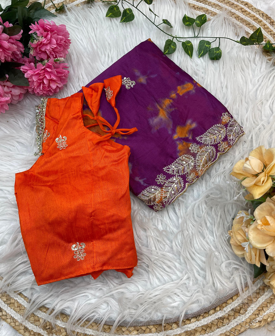 Digital Printed Purple Chiffon Silk Sare...
