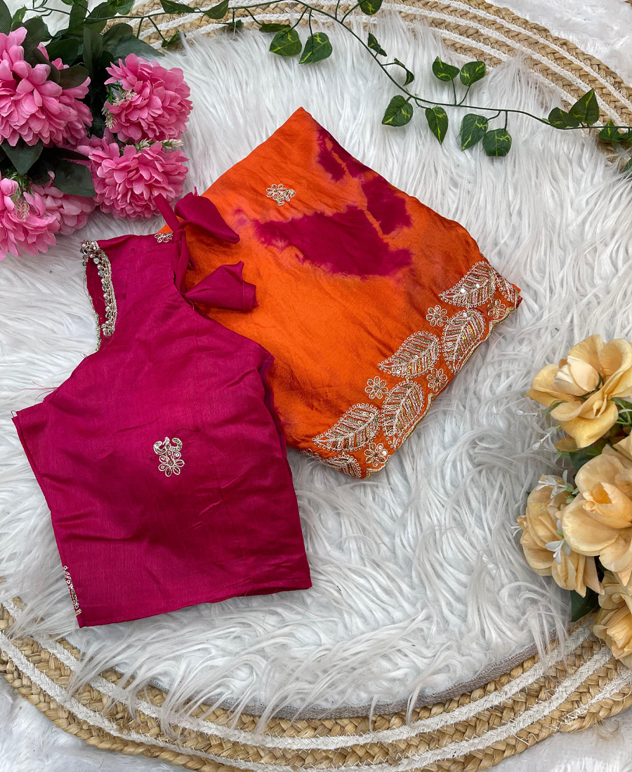 Digital Printed Orange Chiffon Silk Sare...