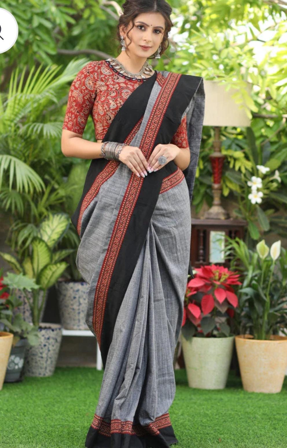 Elegant Pure Cotton Ajrak Saree with Tra...