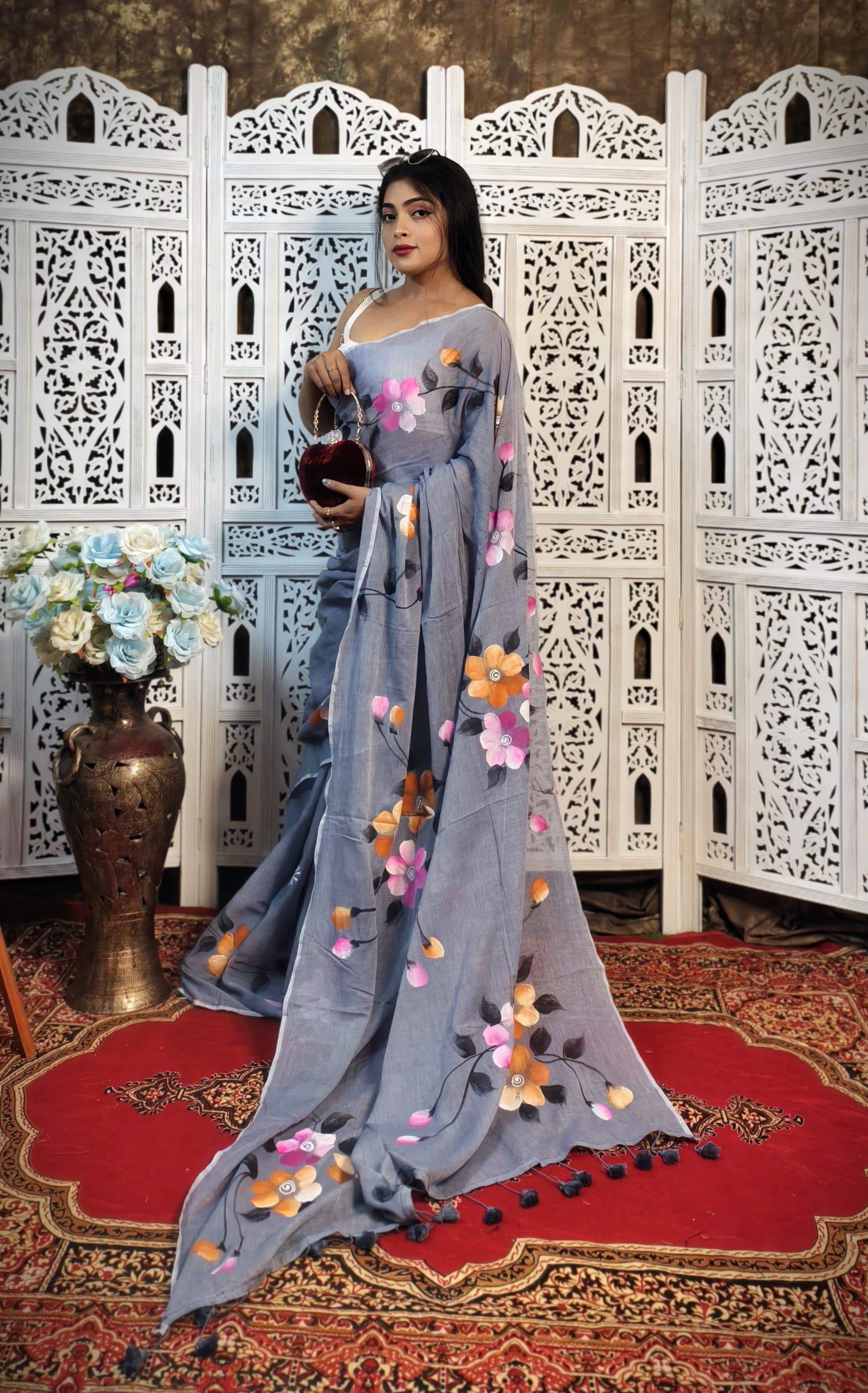 Pure Mul Cotton Hand-Painted Floral Sare...