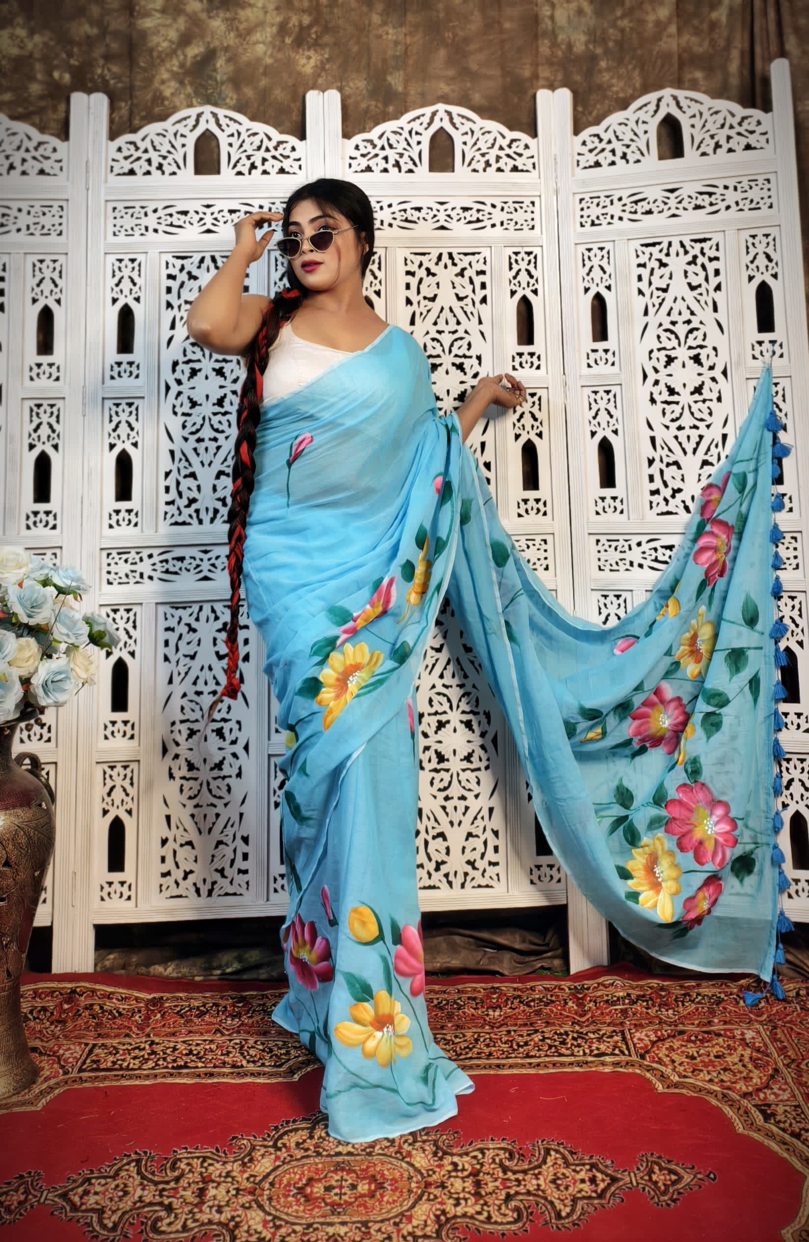 Pure Mul Cotton Hand-Painted Floral Sare...