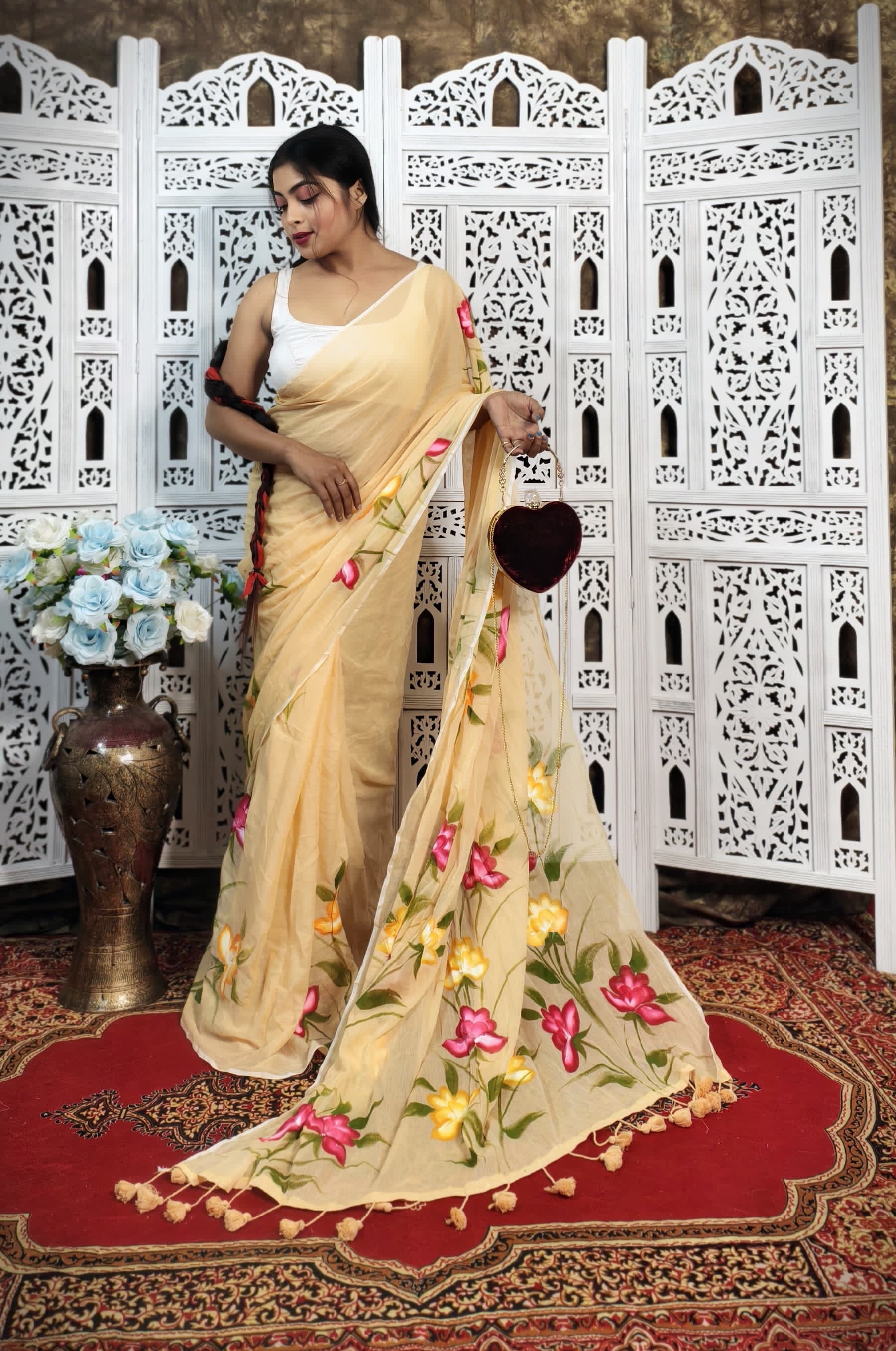 Pure Mul Cotton Hand-Painted Floral Sare...