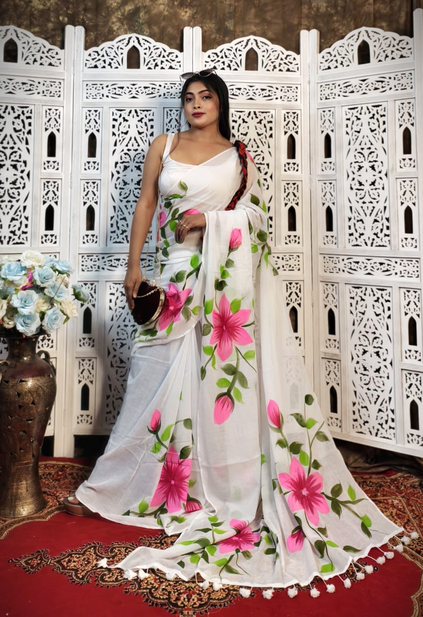 Pure Mul Cotton Hand-Painted Floral Sare...