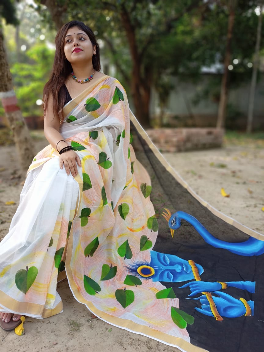 Elegant Kerala Cotton Hand-Painted Saree...