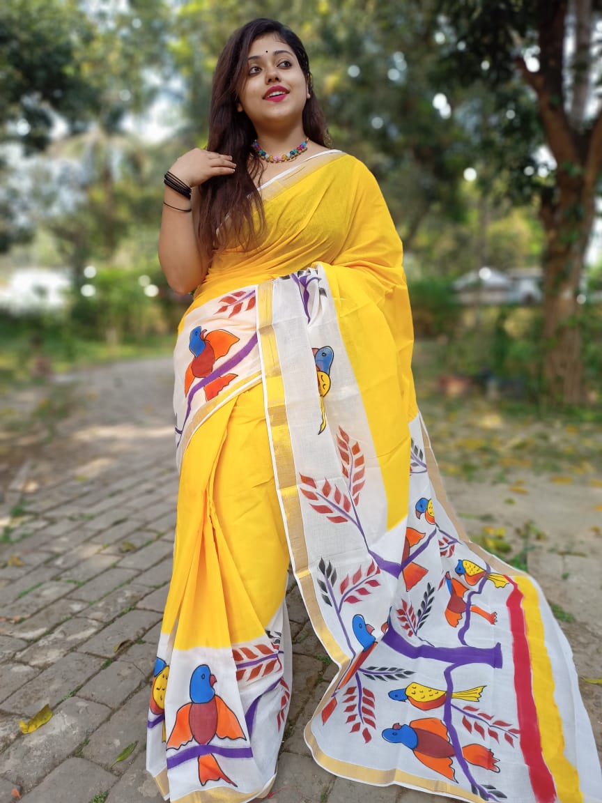 Sunshine Yellow Kerala Cotton Hand-Paint...