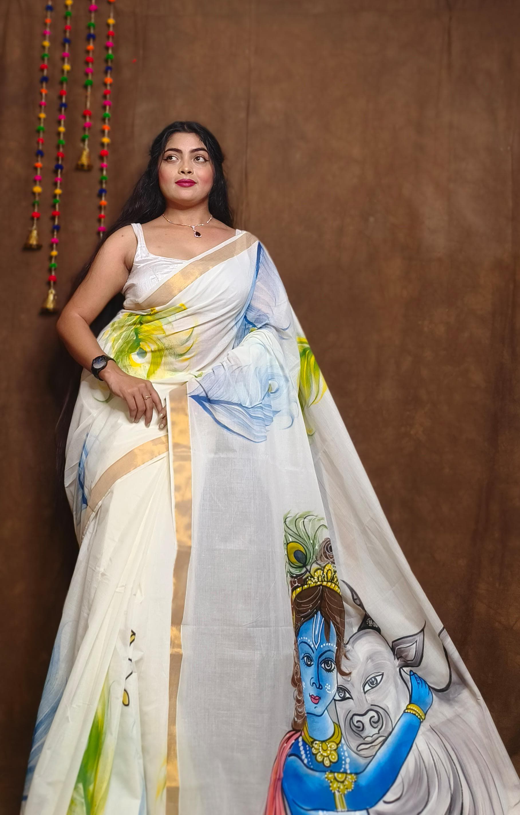 Divine Krishna Kerala Cotton Hand-Painte...