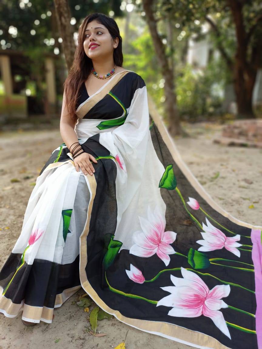 Kerala Cotton Hand-Painted Saree with Bl...