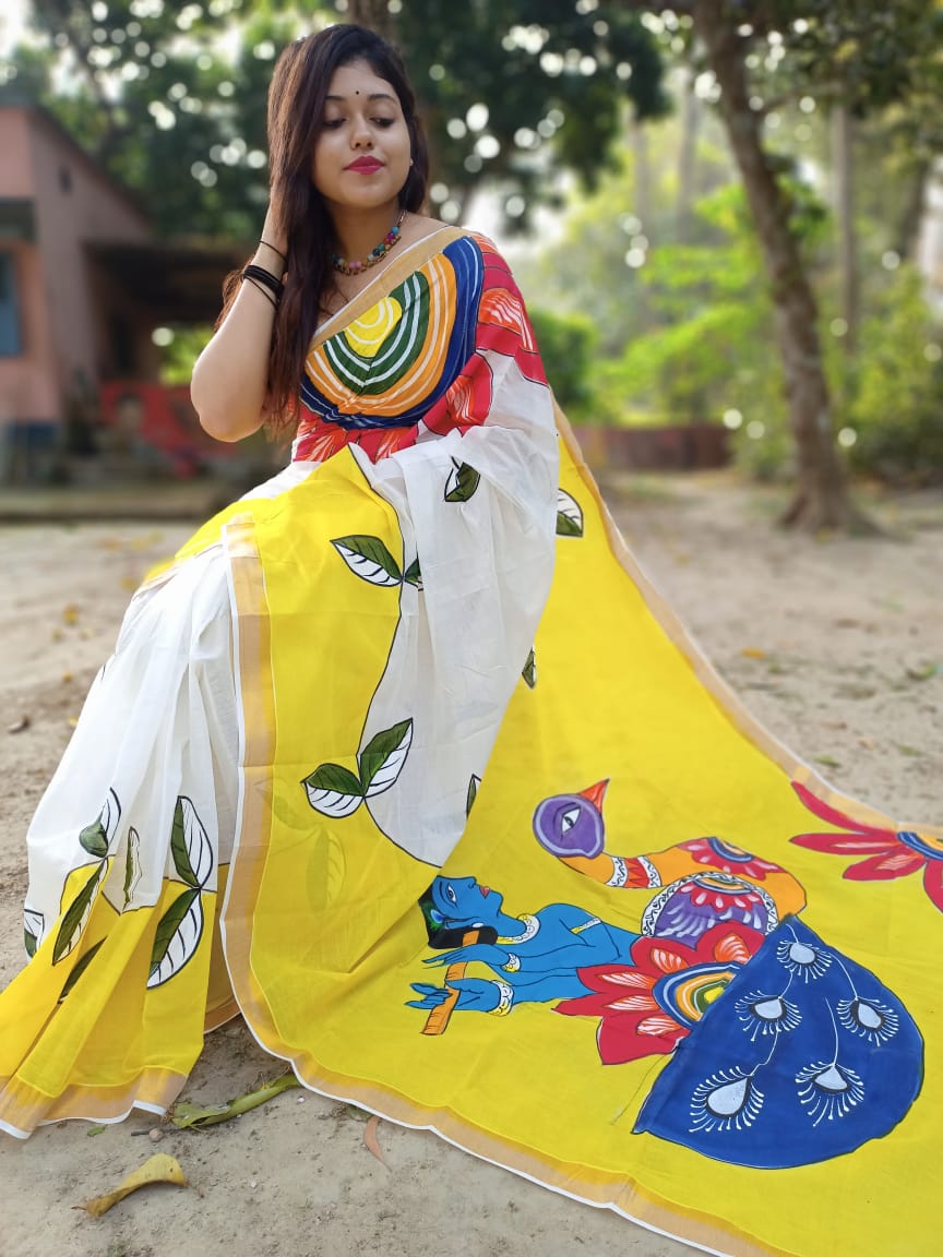 Kerala Cotton Hand-Painted Saree with Bl...