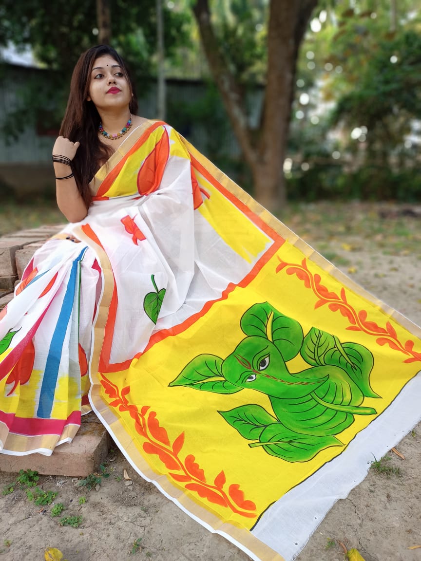 Kerala Cotton Hand-Painted Saree with Bl...