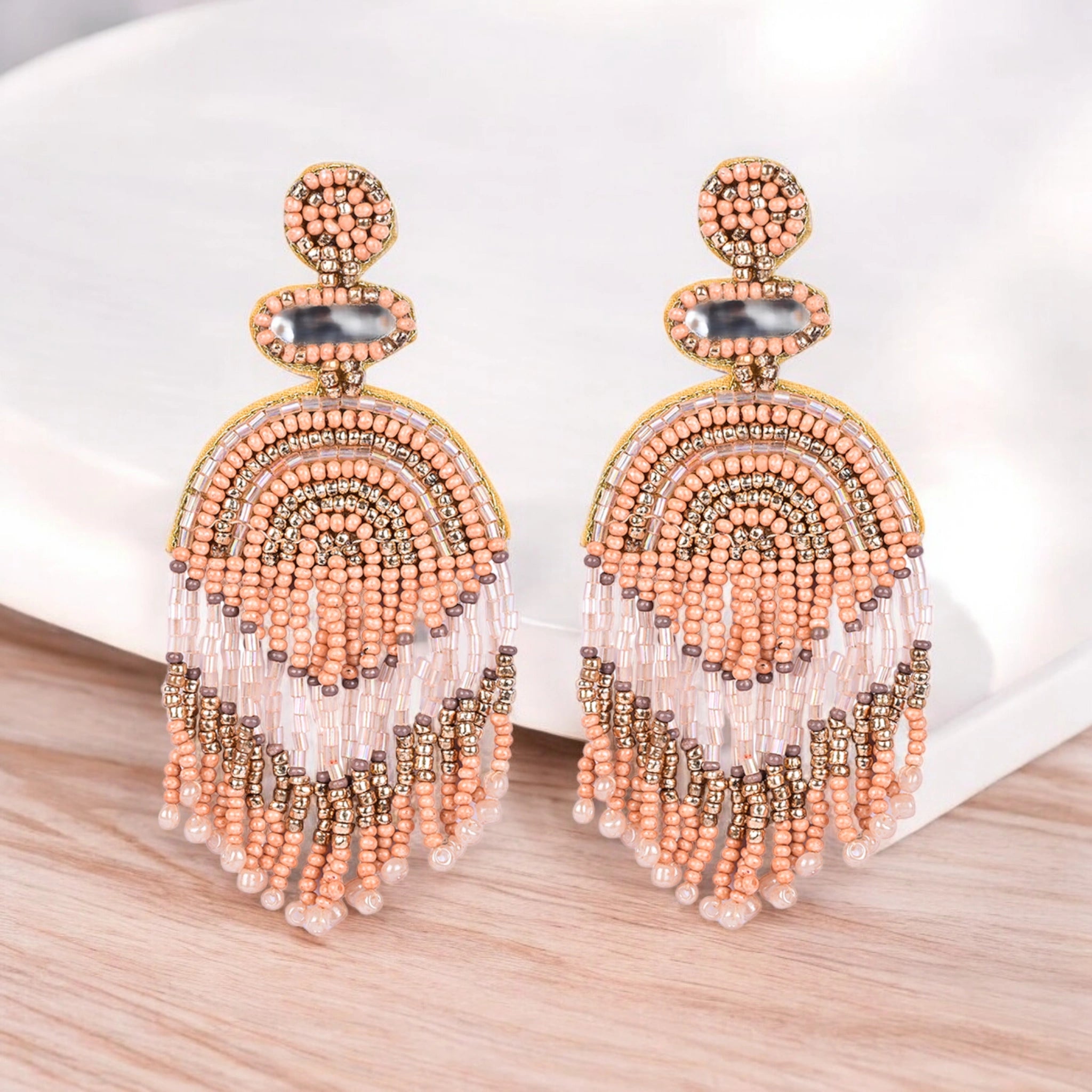 Boho Chic Beaded Dangle Earrings - Peach...