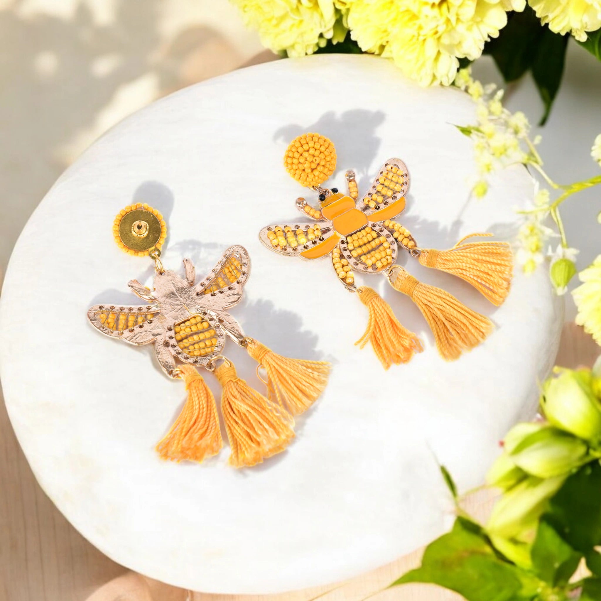 Yellow Beaded Bee Earrings with Tassel A...