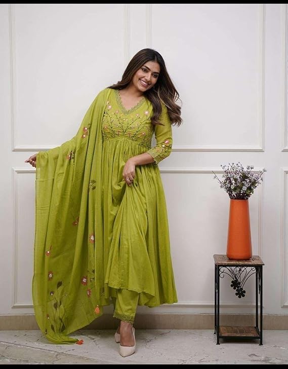 Women's Cotton Embroidered Long Anarkali...