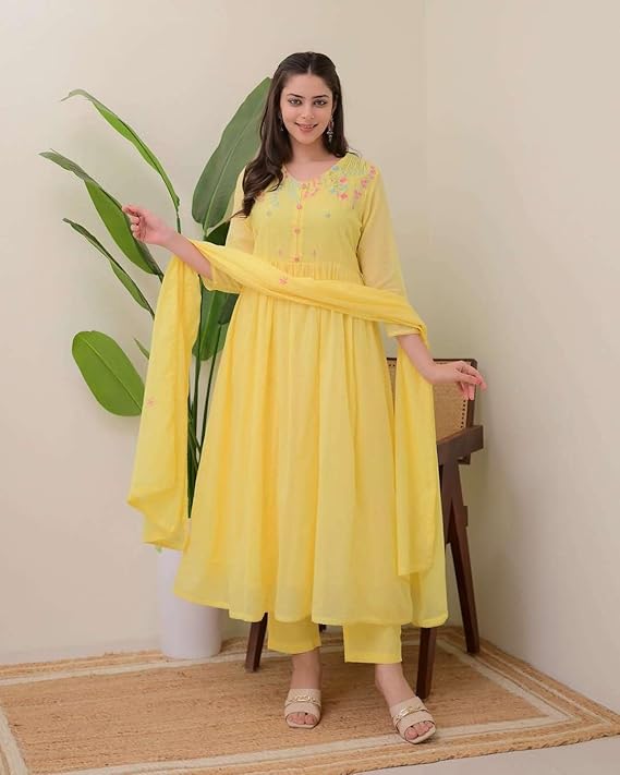 Women's Cotton Embroidered Anarkali Kurt...