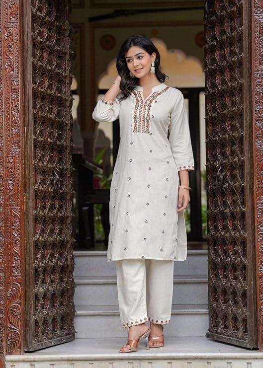 Women's Cotton Embroidered Straight Kurt...