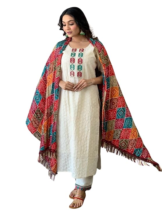 Women's Cotton Chikankari Print Straight...
