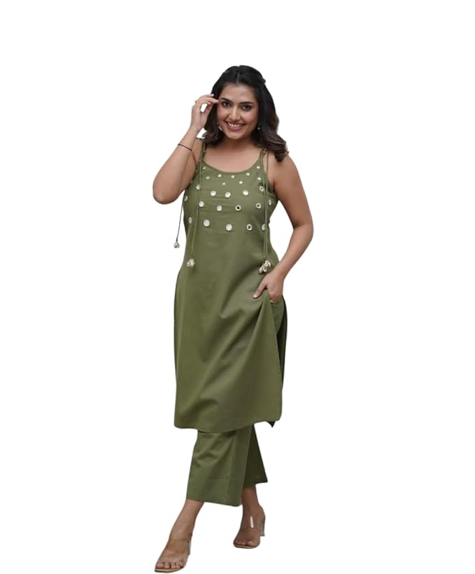 Women's Cotton Embroidery Sleeveless Kur...