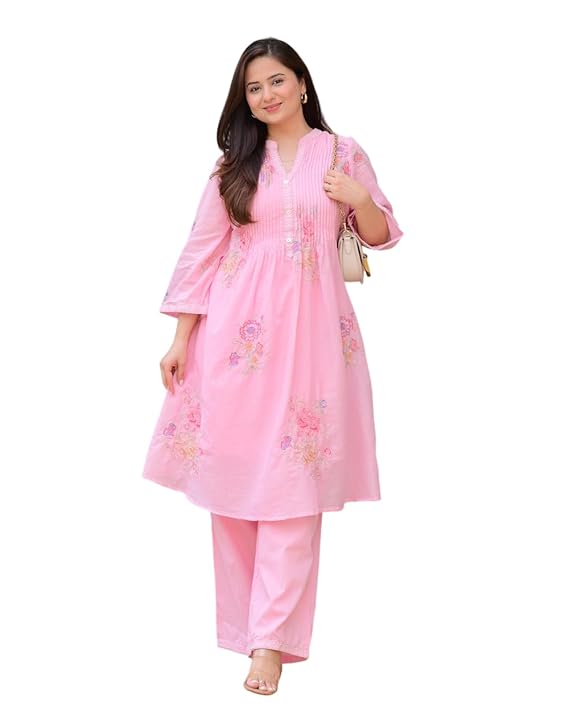 Women's Cotton Embroidery A-Line Kurti w...