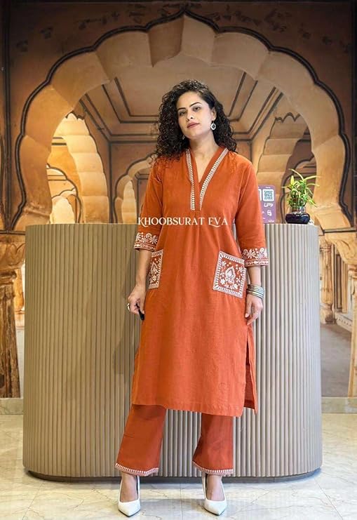 Women's Cotton Embroidery Straight Kurti...