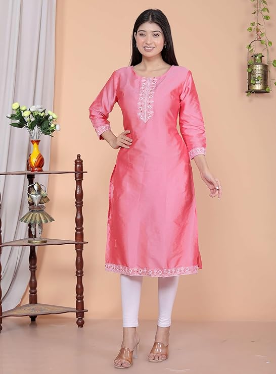 Women's Satin Embroidered Printed Straig...