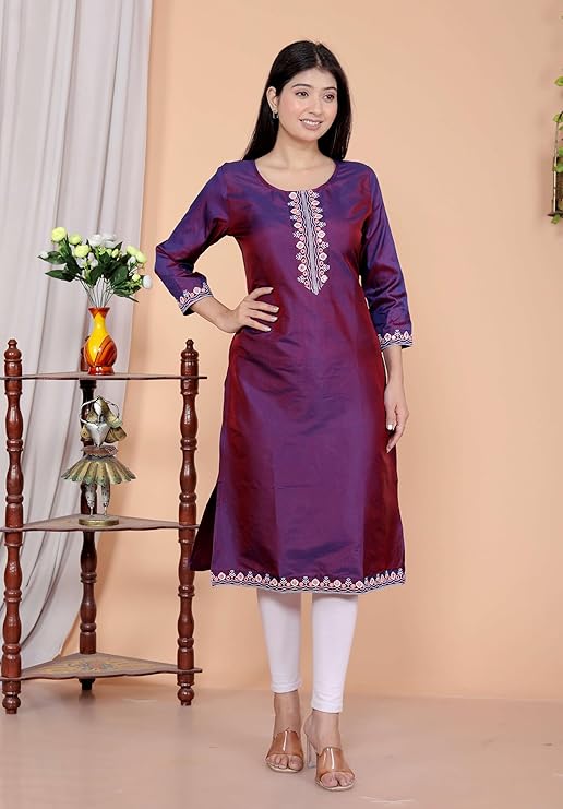 Women's Satin Embroidered Printed Straig...