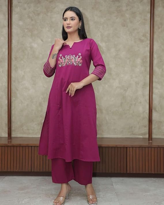 Women's Cotton Embroidered Straight Kurt...