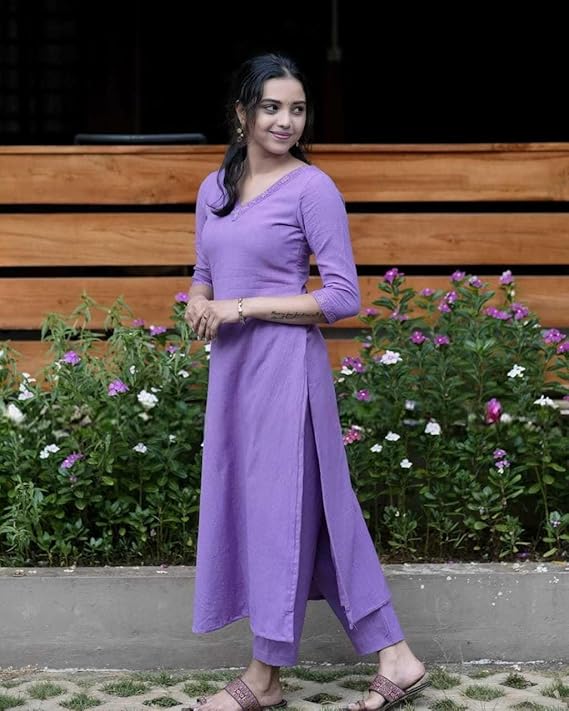 Women's Cotton V-Neck Solid Straight Kur...