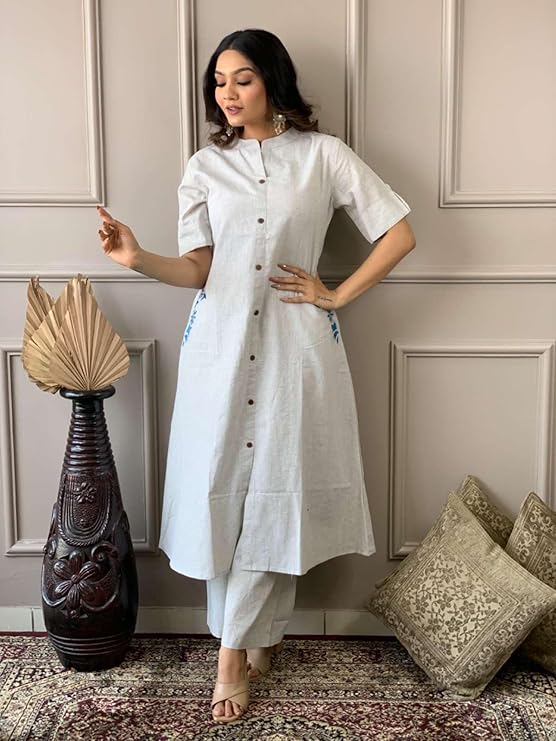 Women's Cotton Embroiderd Long A-Line Ku...