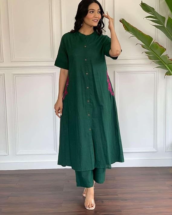 Women's Cotton Embroiderd Long A-Line Ku...