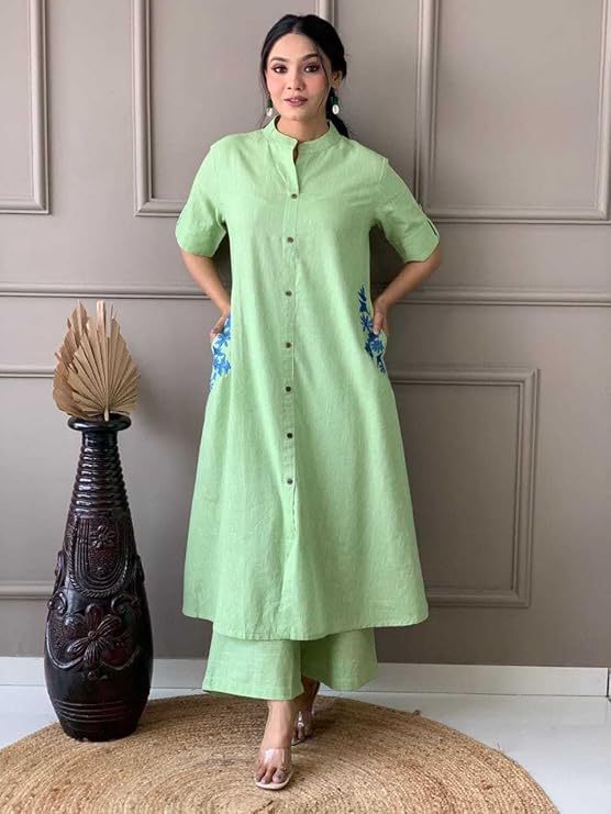 Women's Cotton Embroiderd Long A-Line Ku...