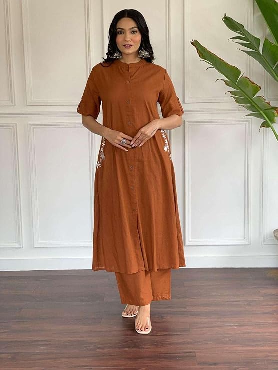 Women's Cotton Embroiderd Long A-Line Ku...