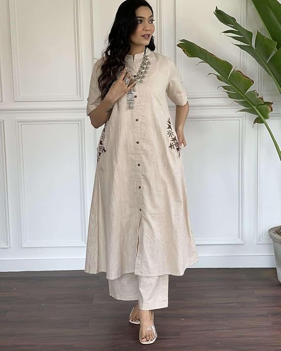 Women's Cotton Embroiderd Long A-Line Ku...