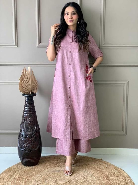 Women's Cotton Embroiderd Long A-Line Ku...