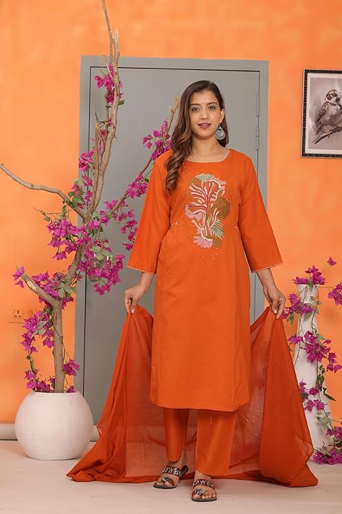 Women's Cotton Embroidery Straight Kurti...