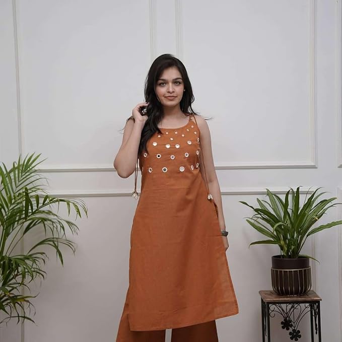 Women's Cotton Embroidery Sleeveless Kur...