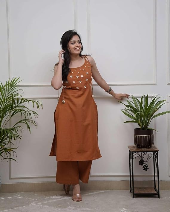 Women's Cotton Embroidery Sleeveless Kur...